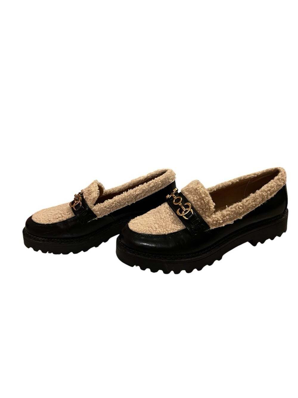 Circus by Sam Edelman Deana Black Faux Shearling Lug Sole Preppy Loafers- 7